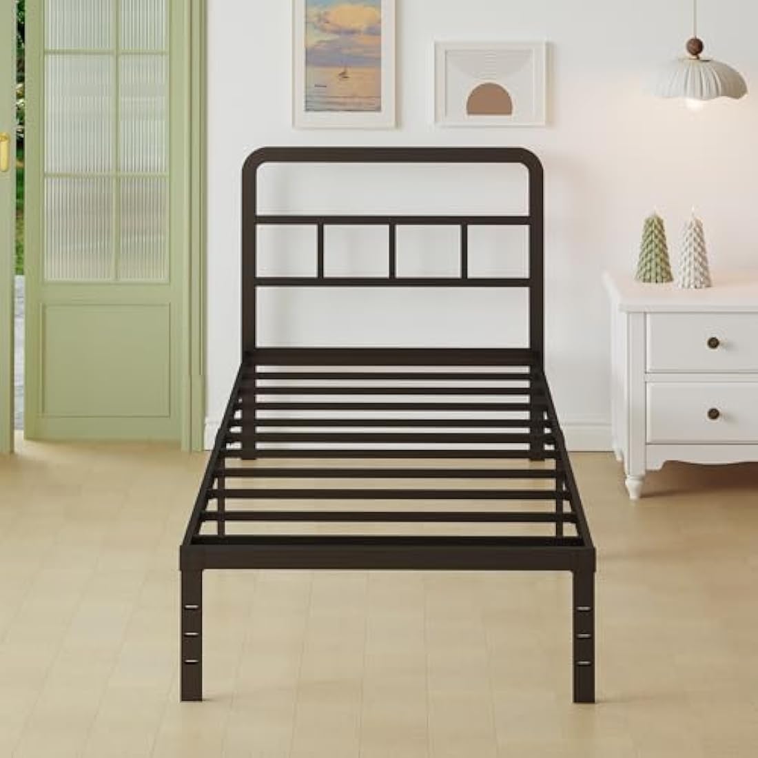Lutown-Teen Black Single Bed Frame 3ft with Curved Headboard, Heavy Duty Metal Bed Frames Single with Steel Slats, 36 cm High, Ample Storage Underneath, Noise Free, Easy Assembly