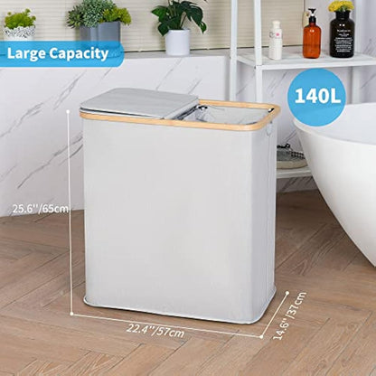 efluky 140L Laundry Baskets with Lid 2 Compartments, Large Laundry Hamper, Double Laundry Basket Laundry Storage with 2 Removable Bags, Light Grey