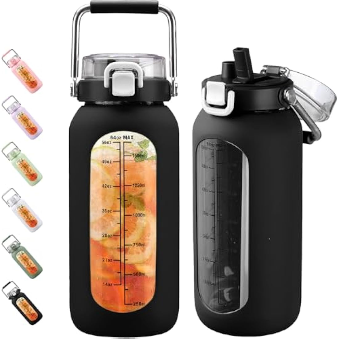 BLUEGO 2000ml Borosilicate Glass Water Bottle with Stainless Handle and Time Marker 2L Drinking Bottle with Silicone Sleeve and Straw for Gym Office Outdoor Sports Water Bottles BPA Free, Black