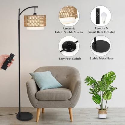 Rayofly Arc Floor Lamp for Living Room, Dimmable Floor Lamps with Remote Control, Boho Standing Lamp with Rattan & Linen Double Shades, Black Reading Tall Lamp for Bedroom Office