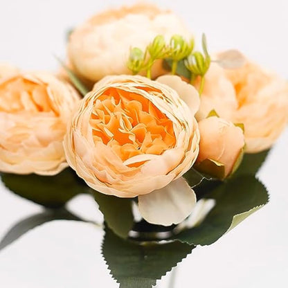 The Baked Studio - Silk Peony and Tea Rose Artificial Bouquet 9 Heads Realistic Fake Plant for DIY Craft Cake Living Room Home Wedding Decoration (YELLOW)