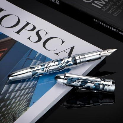 Asvine P80 Piston Filling Fountain Pen Extra Fine Nib, Spider Skeleton Transparent Gray Blue Acrylic Pen Case and Wrench Set