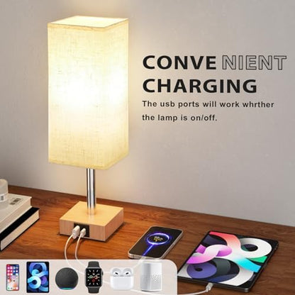 Aooshine Bedside Lamps Set of 2, 3-Way Dimmable Table Lamp with USB-C+A Charging Ports,Lamps for Bedroom with Linen Fabric Shade(Bulbs Included)
