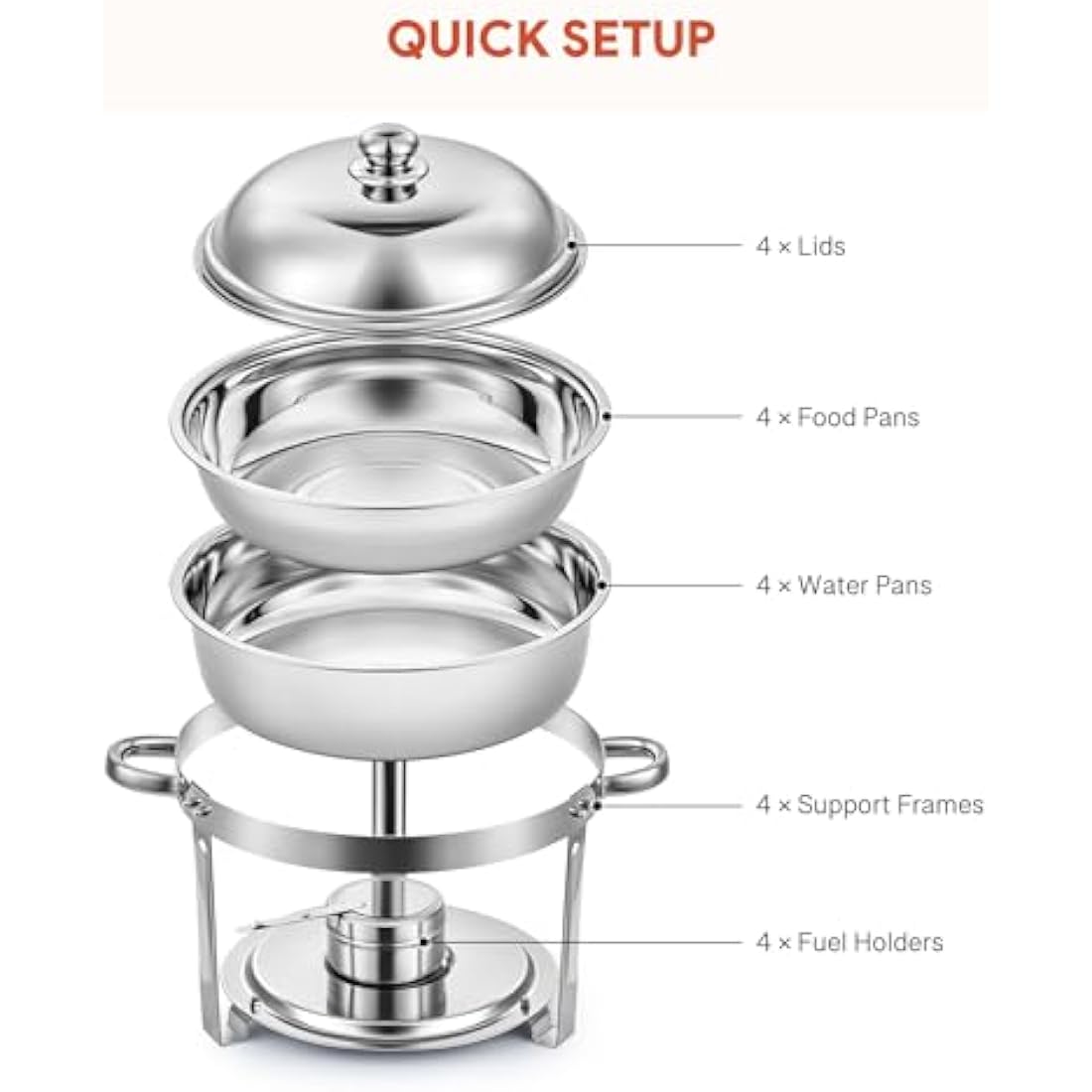 Wilprep Chafing Dish Buffet Set of 4, Round Stainless Steel Chafing Dishes and Food Warmers with Lids Food Pans & Fuel Holders, 5L Buffet Trays for Restaurant Catering Parties Weddings Picnics