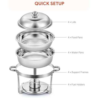 Wilprep Chafing Dish Buffet Set of 4, Round Stainless Steel Chafing Dishes and Food Warmers with Lids Food Pans & Fuel Holders, 5L Buffet Trays for Restaurant Catering Parties Weddings Picnics