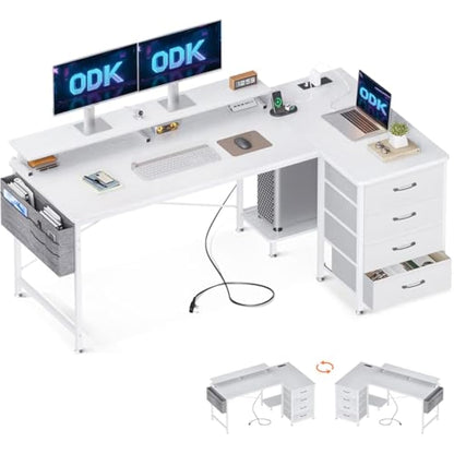 ODK Corner Desk with Drawers, L Shaped Computer Desk 160x80cm with USB Charging Port & Power Outlet, Home Office with Monitor Stand and PC Stand, Gaming Desks Workstations, White