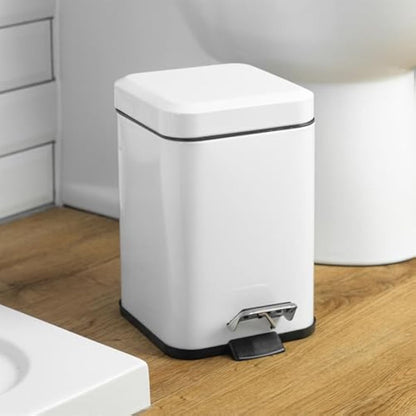Harbour Housewares Bathroom Bin & Brush Set - White - 2pc Square Stainless Steel Pedal Bin & Toilet Brush Set Slim Small Trashcan for Kitchen Waste, Bathroom Rubbish