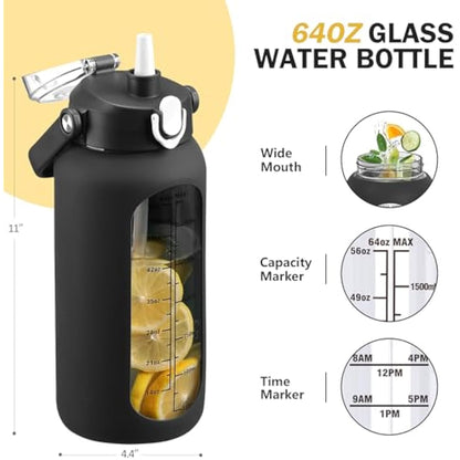 HYDRAGLAZIC 2L Glass Water Bottle with 2 Lids Flip and Chug Lids 2 Liter Large Water Jug with Time Marker and Silicone Sleeve BPA Free Leak-proof for Sports Gym, Black