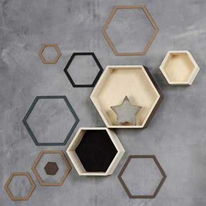 Creativ Company 56430 Hexagon Shelves, H: 14,8+19+24,2 cm, Depth 10 cm, Plywood, Hexagonal, 3 Assorted Shelves and Sizes