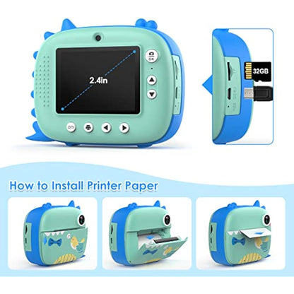 HiMont Kids Camera Instant Print, Digital Camera for Kids with No Ink Print Paper & 32G TF Card, Selfie Video Camera with Color Pens for DIY, Fun Gift for Girls Boys 3-14 Years Old (Blue)