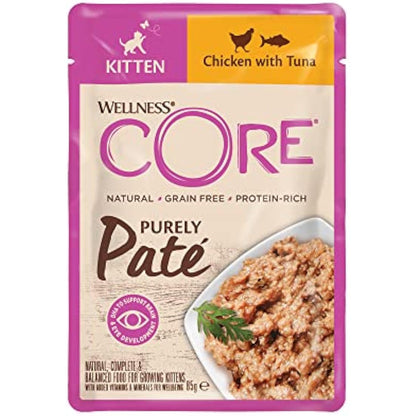 Wellness CORE Purely Paté Kitten, 24 x 85g, Chicken & Tuna, Kitten Food Wet, Smooth Cat Pate, All-Natural, Grain-Free, High Meat Content, Protein-Rich, Limited Ingredient Recipe