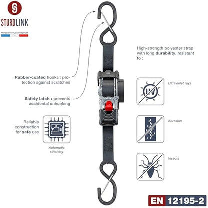Automatic Ratchet Strap 3m 25mm S-Hook with Latch LC 300daN / 600daN U-Shaped | Automatic Strap Winder | Ideal Attachment Equipment for Trailer Motorcycle Quad Auto | Set of 4 + Bag | EN 12195-2