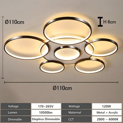 LED Ceiling Light | Modern 7-Rings Living Room Ceiling Lamp | black Round Circle 120W/Ø110cm | Bedroom Ceiling Lamps Fixture | 2800K-6000K Dimmable With Remote Control | Restaurant Indoor Ceiling Lamp