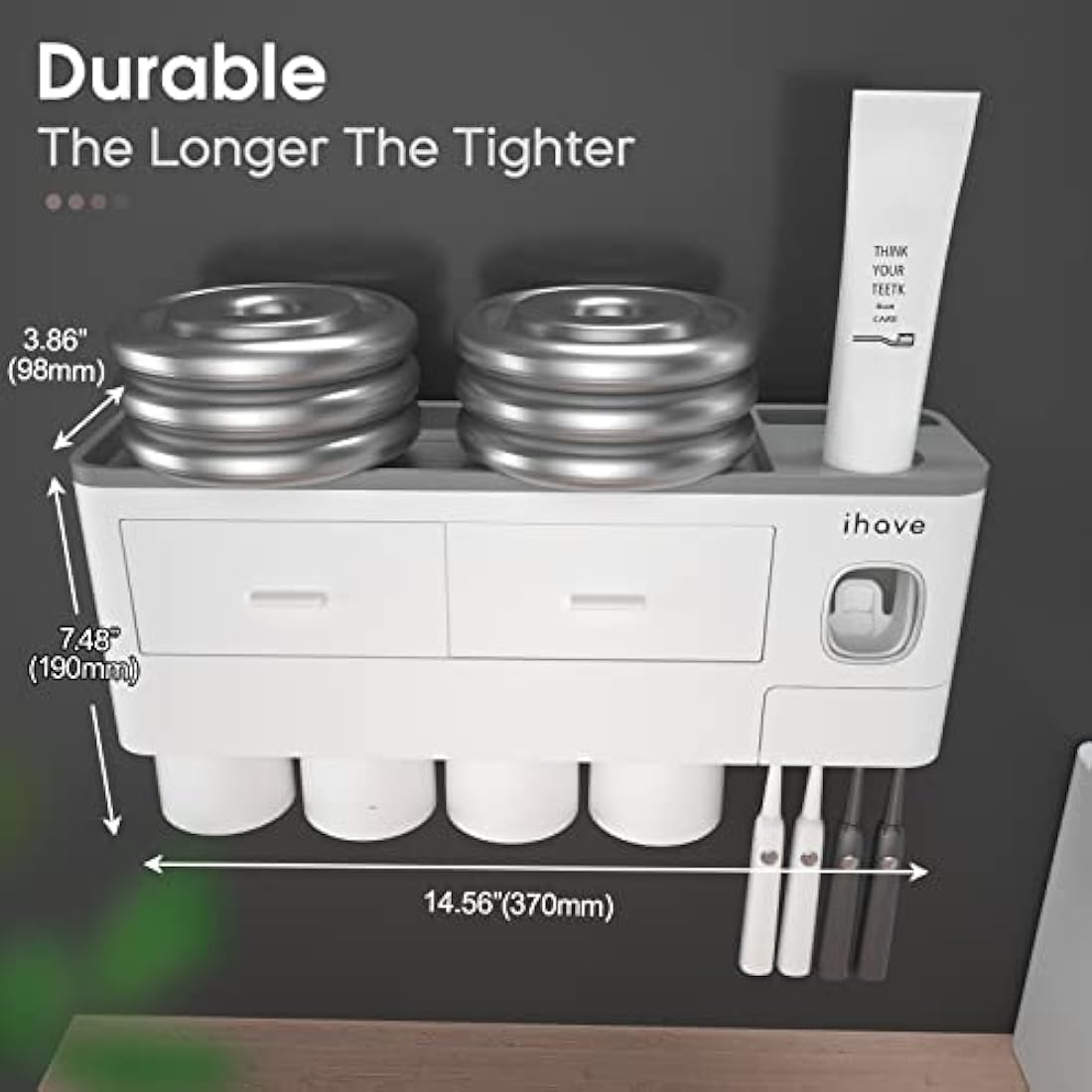 iHave Toothbrush Holders for Bathroom, 4 Cups Toothbrush Holder Wall Mounted with Toothpaste Dispenser - Large Capacity Tray, 2 Cosmetic Drawer - Bathroom Storage & Organisation
