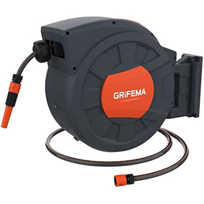 GRIFEMA G301-35 Garden Hose Reels Wall Mounted, 35M+2M Hose Pipes Reel for Garden, 180° Rotate, Retractable, Automatic Rewind with Adjustable Nozzle, Grey