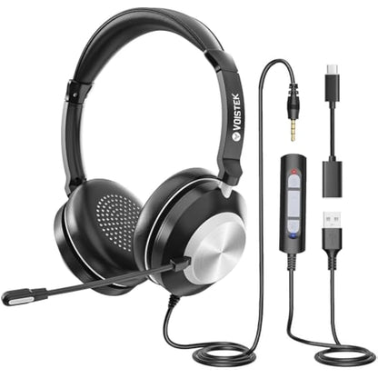 Voistek USB Headset with Microphone for Laptop,Type-c/USB/3.5mm Jack 3-in-1 PC Headset,Wired & Noise Cancelling Headphone with Volume Control for Call Centers,Skype,Zoom, Home Office,Online Chat