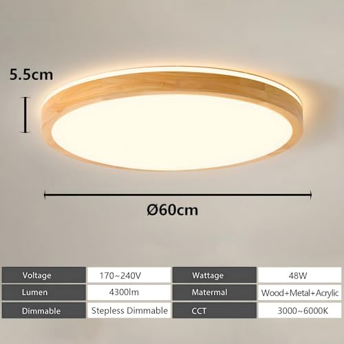 YYUTLUO LED Ceiling Light Wood, Top 360° Glow Round Natural Wooden Lamp | Dimmable with Remote Control 2700K-6500K, 48W | Living Room, Dining Room, Hallway, Home, Office, Children's Room(Ø60cm)