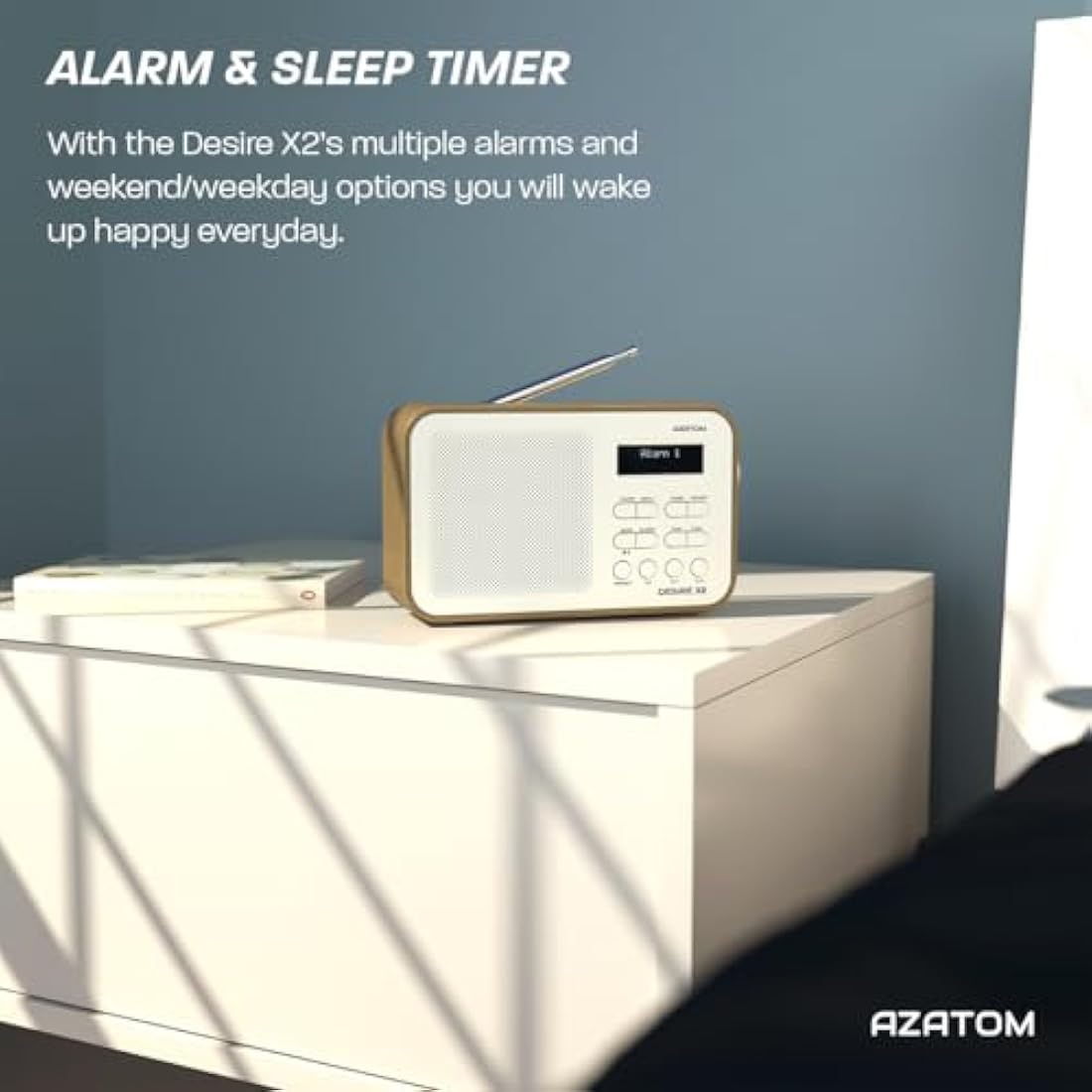 DAB/DAB+ & FM Portable Digital Radio | Simple Controls | Dual Alarms & Sleep Timer | Battery & Mains Powered (4x”AA”) | Bluetooth | Perfect for Home, Office or Outdoors | AZATOM Desire X2 (Oak)