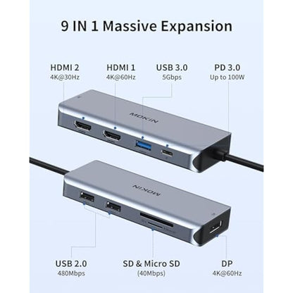Laptop Docking Station, USB C Dual HDMI Adapter, 9 IN 1 USB C Dual Monitor Docking Station with 2 HDMI, DisplayPort, 3 USB, 100W PD, SD/TF for MacBook Pro 2020-2016, MacBook Air 2020-2018
