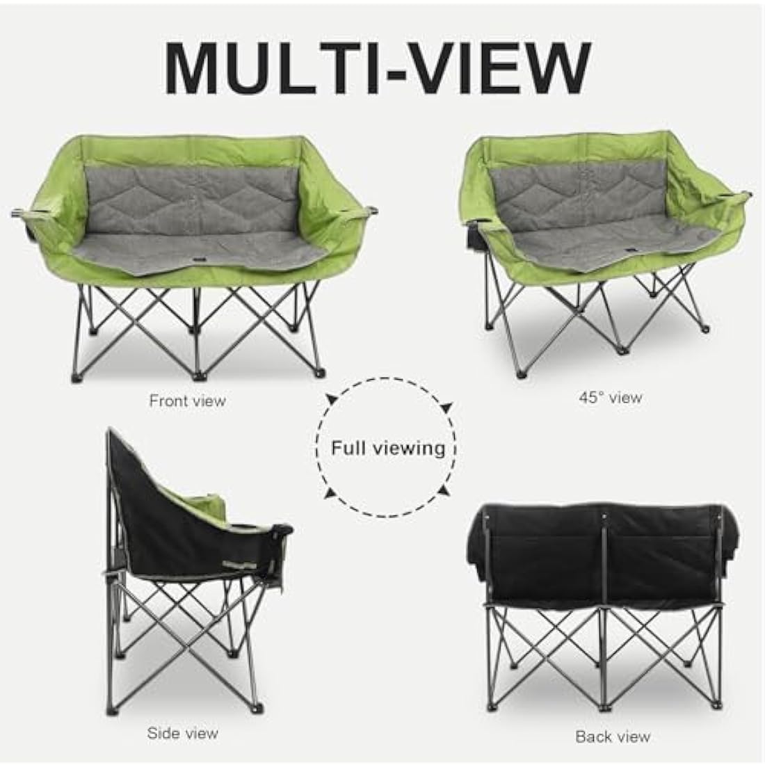 LANMOUNTAIN Folding Loveseat Camping Chair, Portable Double Chair w/Cup Holder,Wine Glass Holder,Carry Bag Heavy Duty Lawn Chair for 2 Adults,Perfect for Camp,Hiking,Picnics and Beach Trips,Green