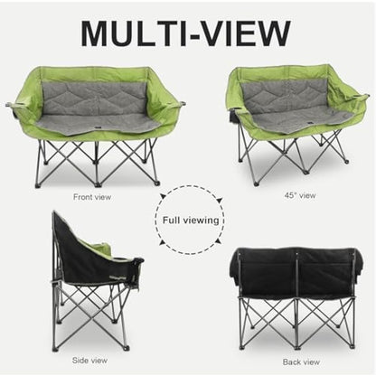LANMOUNTAIN Folding Loveseat Camping Chair, Portable Double Chair w/Cup Holder,Wine Glass Holder,Carry Bag Heavy Duty Lawn Chair for 2 Adults,Perfect for Camp,Hiking,Picnics and Beach Trips,Green
