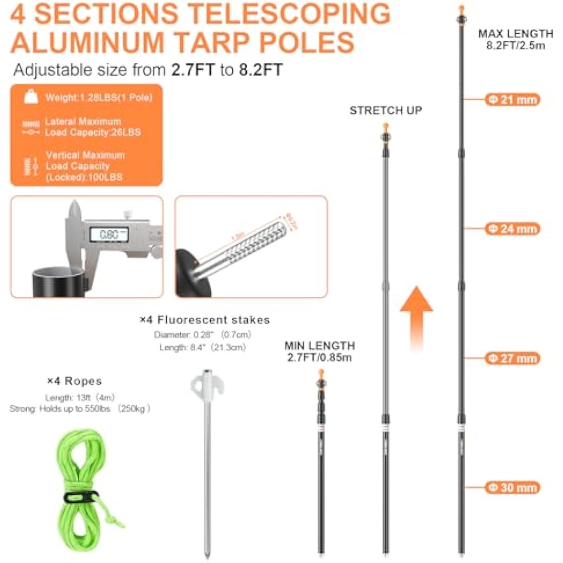CAMULAND Tent Poles, Heavy Duty Tarp Poles Canopy Poles Aluminum Tent Poles with Non-Slip Cone Bottom, Adjustable Telescoping Tarp Poles