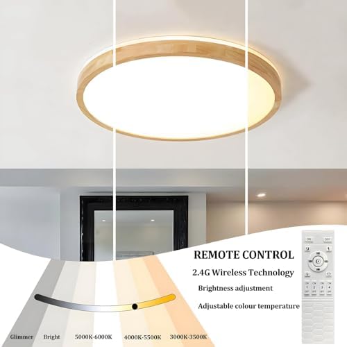 YYUTLUO LED Ceiling Light Wood, Top 360° Glow Round Natural Wooden Lamp | Dimmable with Remote Control 2700K-6500K, 48W | Living Room, Dining Room, Hallway, Home, Office, Children's Room(Ø60cm)
