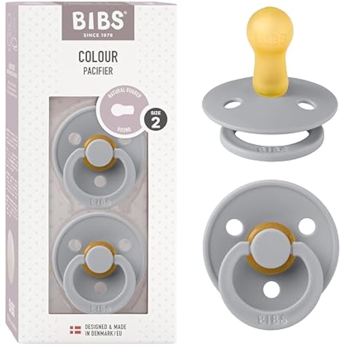 BIBS Colour Soother 2-Pack, BPA Free Dummy Pacifier, Round Nipple. Natural Rubber Latex, Size 2 (6-18 Months), Cloud/Cloud