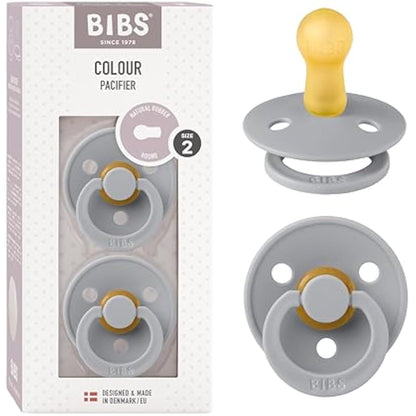 BIBS Colour Soother 2-Pack, BPA Free Dummy Pacifier, Round Nipple. Natural Rubber Latex, Size 2 (6-18 Months), Cloud/Cloud