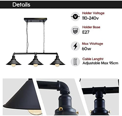 LEDSone Industrial 3 Way Pipe Pendant Lamp E27 Lamp Holder 22cm Black Cone Shade Ceiling Light Fixture with 95cm Adjustable Hanging Chandelier for Dining Room, Kitchen Island, Bar