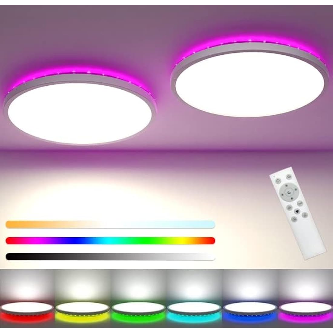 zemty 2Pack LED Ceiling Light Dimmable 3000-6500K, 24W 3200LM Bathroom Lights Ceiling with Remote Control, RGB Color Changing, Memory, Round Flush Ceiling Lamp for Bedroom Living Room Kitchen