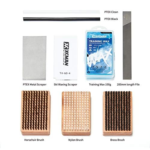 XCMAN Ski Snowboard Waxing Tuning Complete Brush Kit - Nylon,Brass,Horsehair Brush Metal Scraper Wax Scraper and Ptex, Flate File