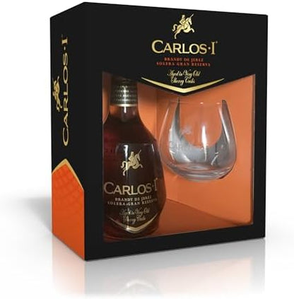 Carlos I, Brandy Solera Gran Reserva 1 Litre Bottle and Brandy Glass, Gift Pack