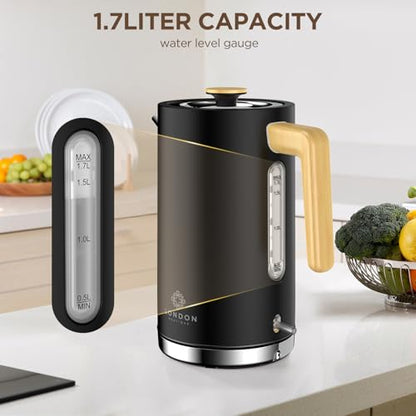 London Boutique Electric Kettle, Stainless Steel kettles Electric, Cordless Fast Boil Electric kettle with Wood Effect, Boil Dry Protection,