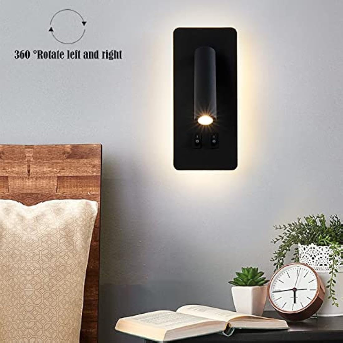 uksunvi LED Wall Mounted Lamp,Bedside Reading Wall Light,12W LED Wall Lamp, Adjustable Spotlight （3W +9W 3000K Warm Light） (2PCS Black Rectangular)