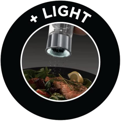 Russell Hobbs Stainless Steel Electric Salt & Pepper Mill Set with adjustable ceramic grinder heads for fine or coarse grinding, Battery operated, Light up during use, One handed operation, 23460-56