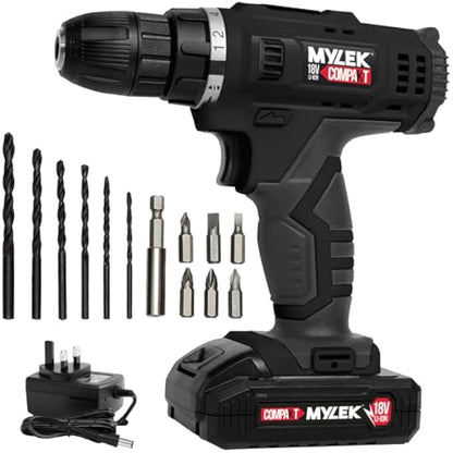 MYLEK MYW09 18V Cordless Drill Electric Screwdriver Set, Powerful Lithium Ion Battery Pack, 18 Volts Combi Driver, DIY Accessory Kit, Black