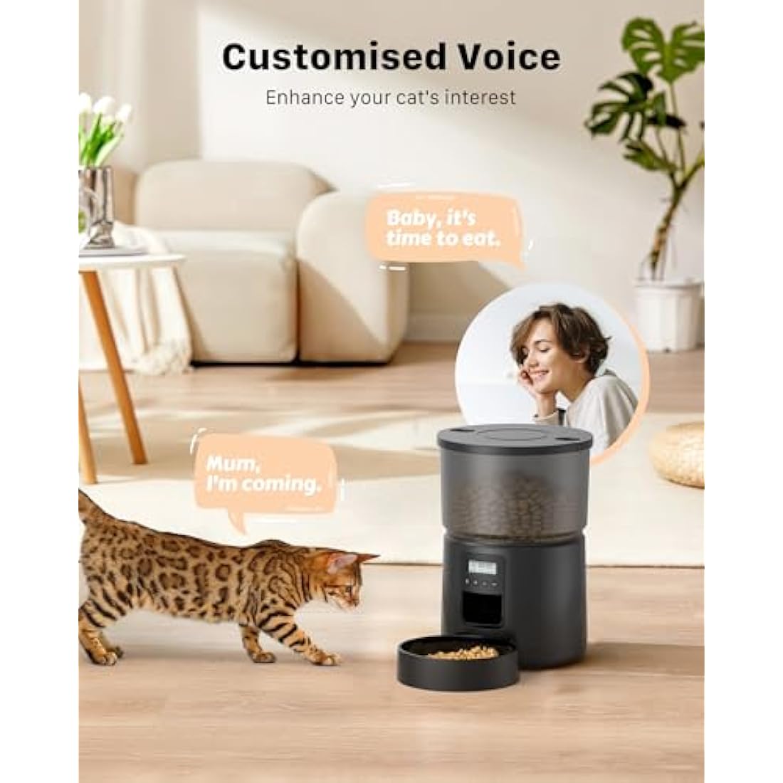 BEMOONY 5L Automatic Feeder, Food Dispenser with 1-6 Meals, Customized Feeding Schedule for Cats & Dogs, Dual Power Supply, Double Lock, 10s Voice Recording, Including Desiccant Bag