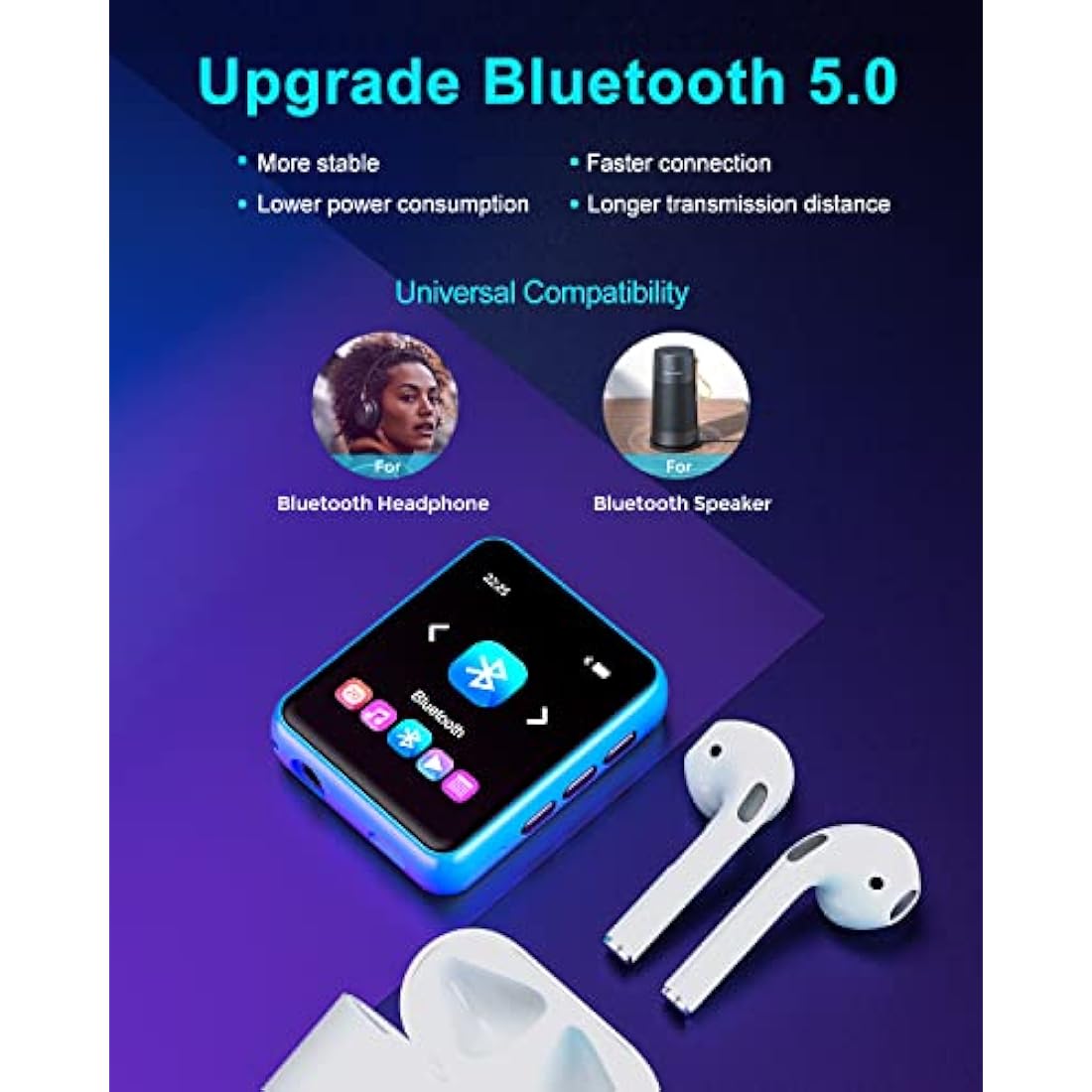 32GB MP3 Player with Bluetooth 5.0, Portable HiFi Lossless Sound MP3 Music Player and FM Radio, Voice Recorder, E-Book, Pedometer, 2.4 Inch Full Touch Screen Sports MP3 Player, Maximum Support 128GB