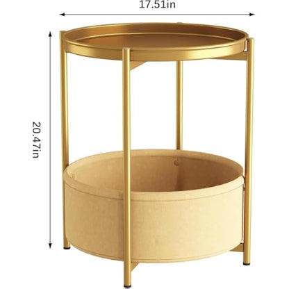 Huhote Side Table, Round End Table with Fabric Basket, Small Bedside Table, Nightstand Sofa Table for Living Room, Bedroom, Bathroom, Balcony, Modern Style (Gold)