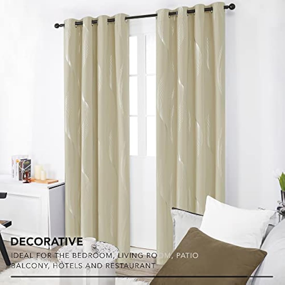 Deconovo Soft Wave Line Foil Printed Blackout Curtains Thermal Insulated Curtains Eyelet Energy Efficiency Room Darkening Curtains for Bedroom 46 x 72 Inch Beige Two Panels