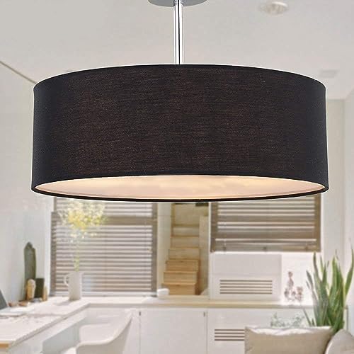SPARKSOR Ceiling Light, Modern Fabric Pendant Light Shade, Large Black Drum Lampshade, Round Pendant Lamp, for Bedroom Living Room, Flush Chrome Matt, 3 Bulb, E27