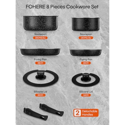 FOHERE Pots and Pans Set Nonstick, 8 Piece, with 2 Detachable Handles and 2 Lids, Induction Kitchen Cookware Set for All Stoves, Oven Safe, Saucepan and Frying Pan, RV Cookware, Aluminum