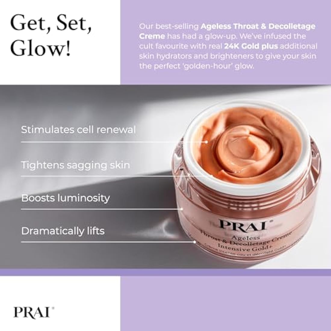 PRAI Ageless Throat & Decolletage Intensive Gold Creme 50ml - Real 24K Gold - Anti-Ageing, Anti-Wrinkle Brightening Skincare Cream - Hydrates & Firms Skin - Neck Moisturiser with Hyaluronic Acid