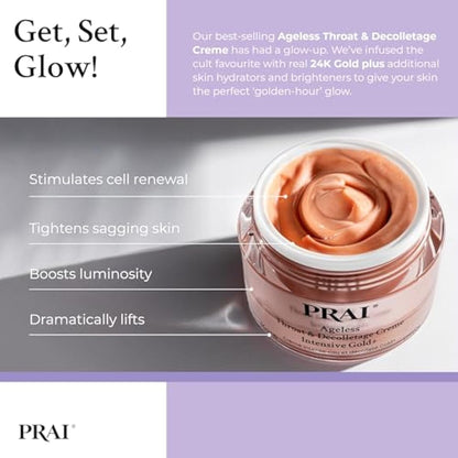 PRAI Ageless Throat & Decolletage Intensive Gold Creme 50ml - Real 24K Gold - Anti-Ageing, Anti-Wrinkle Brightening Skincare Cream - Hydrates & Firms Skin - Neck Moisturiser with Hyaluronic Acid