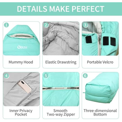 QEZER Down Sleeping Bag 4 Season, Lightweight Winter Sleeping Bag 0 Degree to -12 Degree C for Adults and Kid Camping, Hiking and Backpacking Outdoor Filled 600+FP Down
