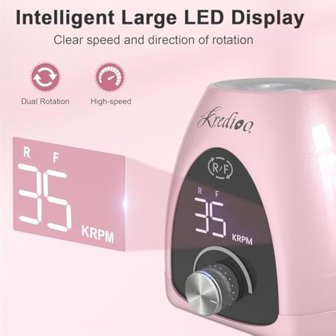 Kredioo Professional Electric Nail Drill Machine 35000RPM Electric Nail Files for Acrylic Nails Gel Nails Manicure Pedicure Salon E File Kit with Pause Button LED Display, 36W, UK Plug, Rose Pink