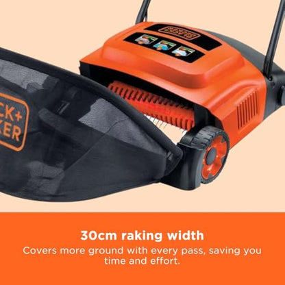 BLACK+DECKER Lawn Raker, 600W, Adjustable Height Scarifier with Large Capacity Front Loading Grass Box, GD300-GB
