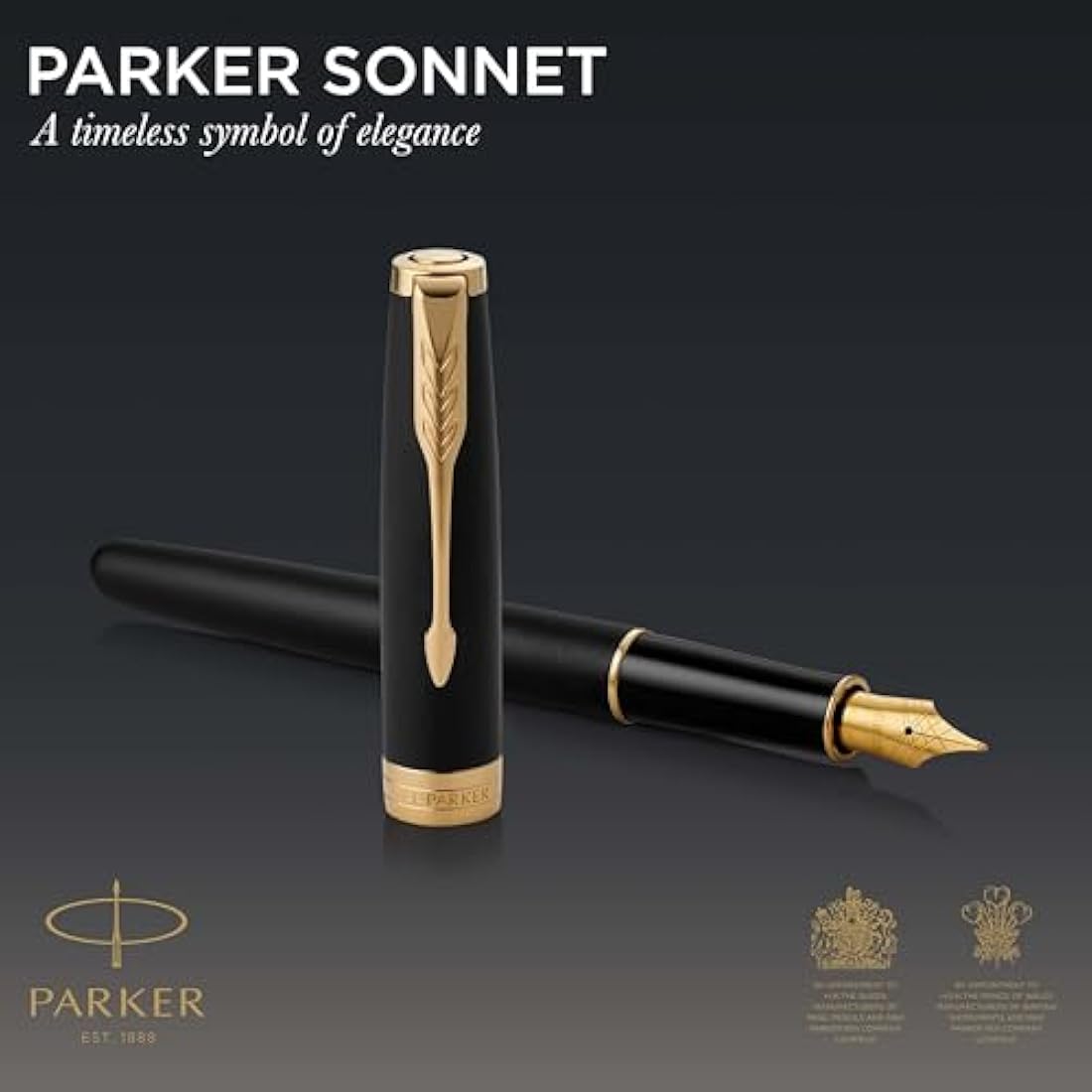 Parker Sonnet Fountain Pen | Matte Black Lacquer with Gold Trim | Medium Nib | Gift Box