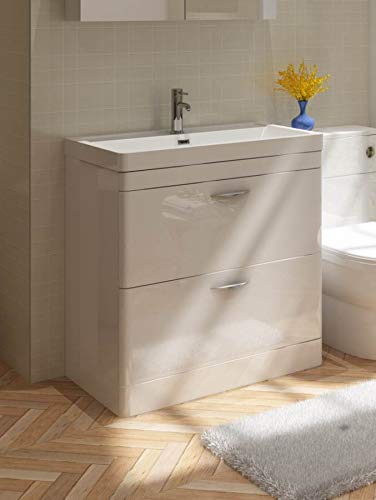 Cyrenne High Gloss White Floor Standing Vanity Basin Storage Unit Cabinet & Polymarble Soft Edges Sink - 800mm